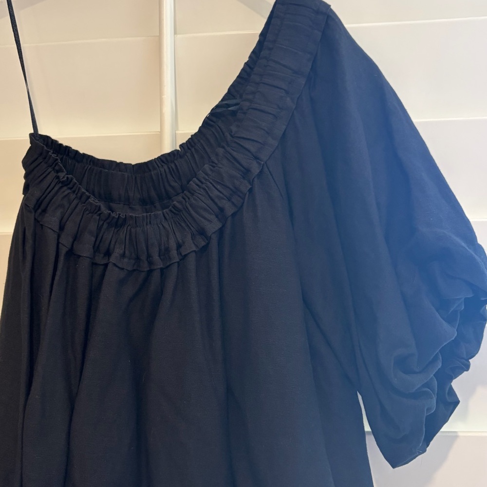 BY ANTHROPOLOGIE EUC One Shoulder Waistless Mini Dress Linen Blend M Black - Picture 7 of 11